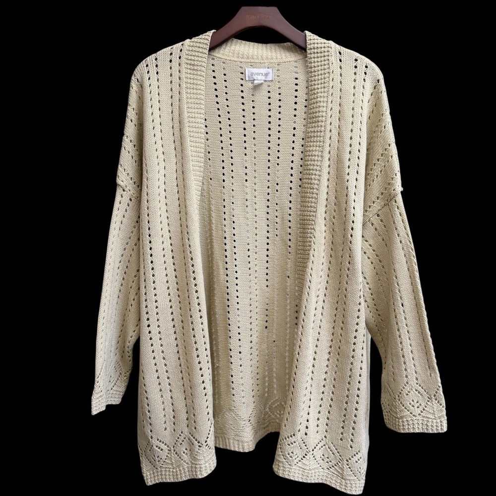 Avenue Women Cardigan Sweater‎ Beige Pointelle Knit Open Front Sz 18/20 USA #580